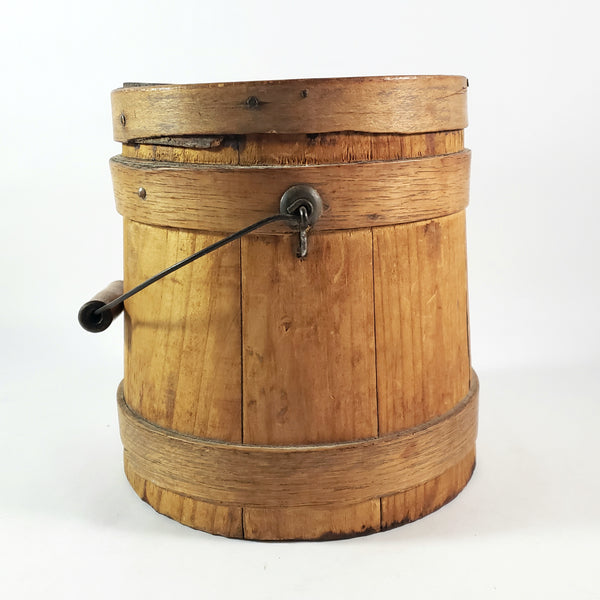 Antique Wooden Firkin Bucket Small 7” Sugar Bucket Lid and Bail Handle Grip