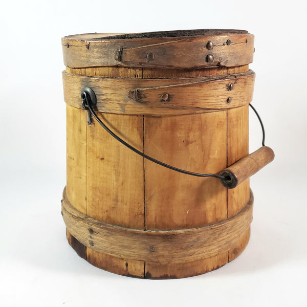 Antique Wooden Firkin Bucket Small 7” Sugar Bucket Lid and Bail Handle Grip