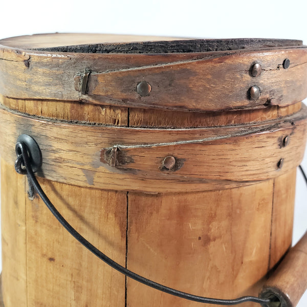 Antique Wooden Firkin Bucket Small 7” Sugar Bucket Lid and Bail Handle Grip