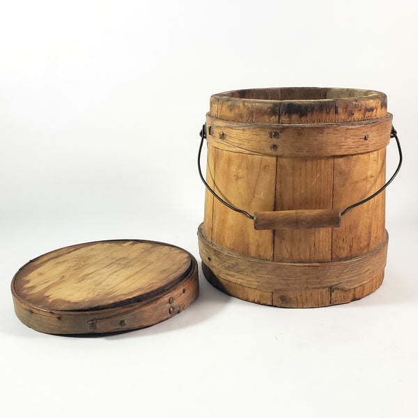 Antique Wooden Firkin Bucket Small 7” Sugar Bucket Lid and Bail Handle Grip