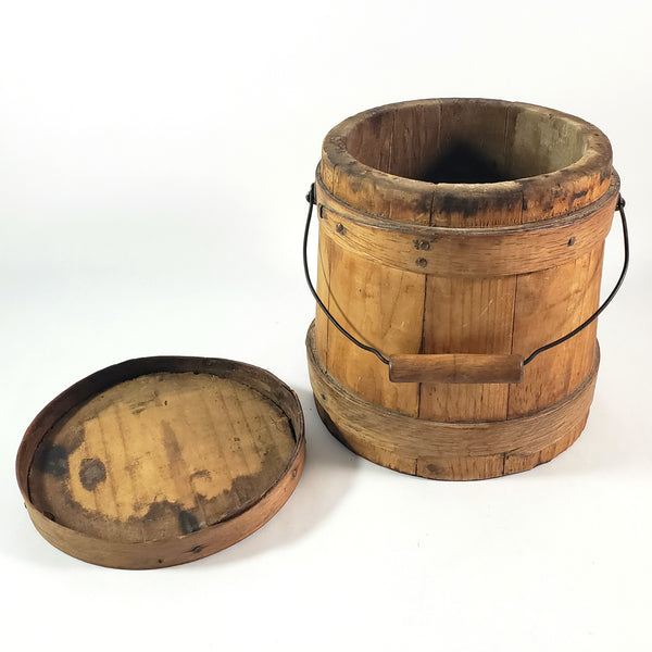 Antique Wooden Firkin Bucket Small 7” Sugar Bucket Lid and Bail Handle Grip