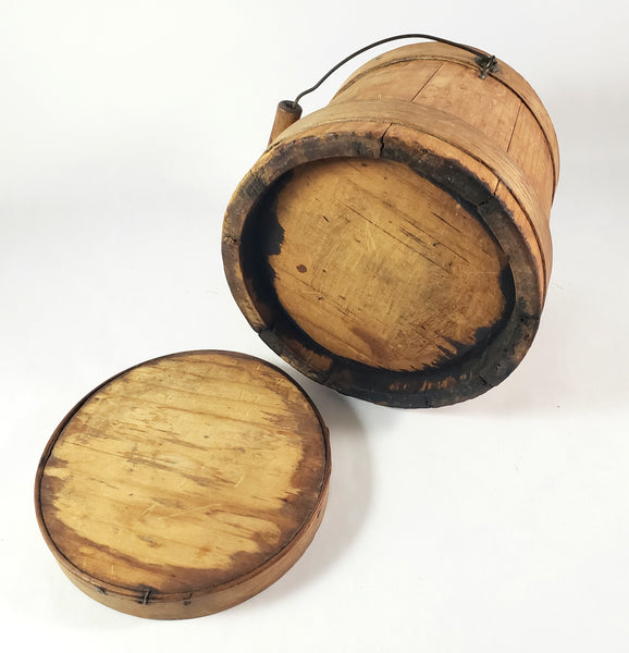 Antique Wooden Firkin Bucket Small 7” Sugar Bucket Lid and Bail Handle Grip