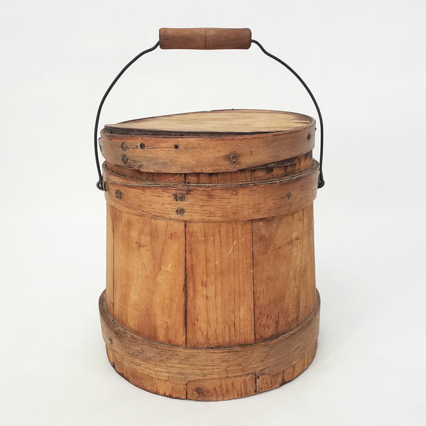 Antique Wooden Firkin Bucket Small 7” Sugar Bucket Lid Bail Handle and Grip