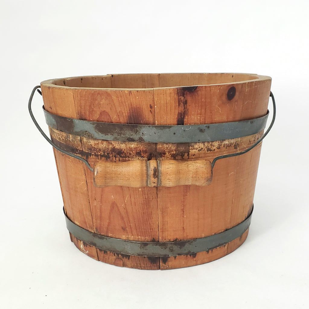 Vintage Small Rustic Wooden Staved Bucket Wire Bail Handle Wood Grip