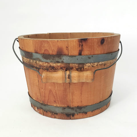 Vintage Small Rustic Wooden Staved Bucket Wire Bail Handle Wood Grip