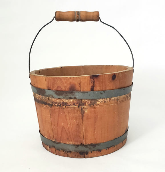 Vintage Small Rustic Wooden Staved Bucket Wire Bail Handle Wood Grip