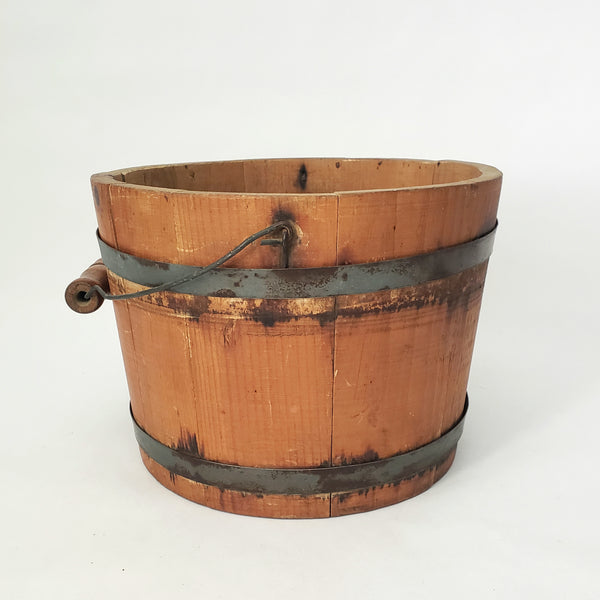 Vintage Small Rustic Wooden Staved Bucket Wire Bail Handle Wood Grip