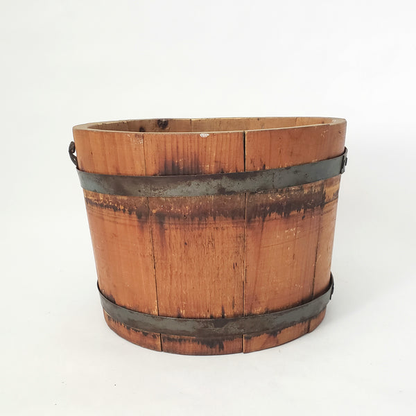 Vintage Small Rustic Wooden Staved Bucket Wire Bail Handle Wood Grip