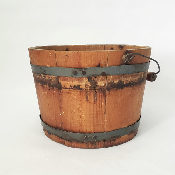 Vintage Small Rustic Wooden Staved Bucket Wire Bail Handle Wood Grip