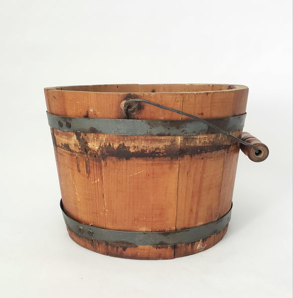 Vintage Small Rustic Wooden Staved Bucket Wire Bail Handle Wood Grip