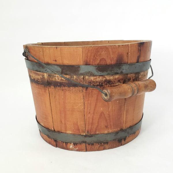 Vintage Small Rustic Wooden Staved Bucket Wire Bail Handle Wood Grip