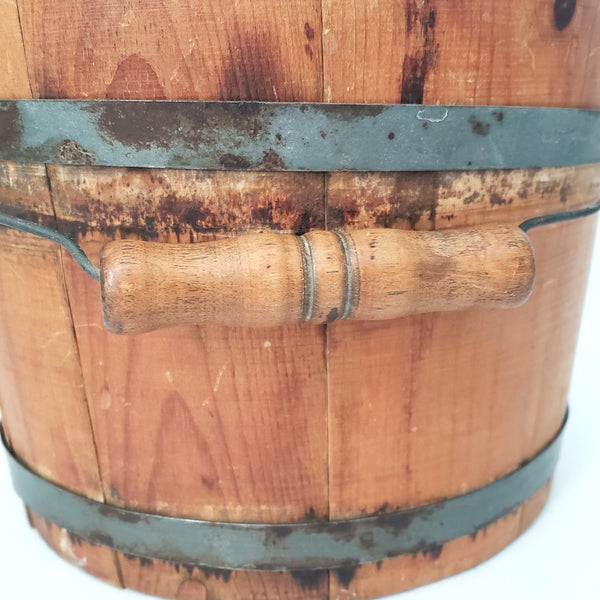 Vintage Small Rustic Wooden Staved Bucket Wire Bail Handle Wood Grip