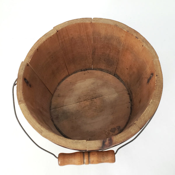 Vintage Small Rustic Wooden Staved Bucket Wire Bail Handle Wood Grip