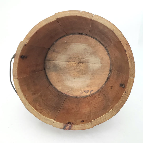 Vintage Small Rustic Wooden Staved Bucket Wire Bail Handle Wood Grip