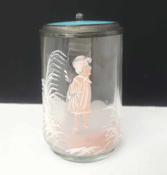 Vintage Mary Gregory Style Mini 3 1/2" Clear Glass & Pewter Stein White & Pink