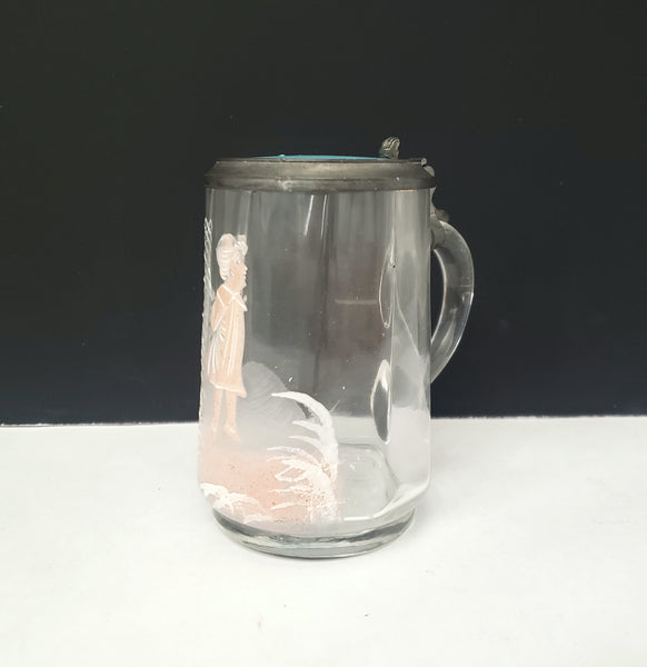 Vintage Mary Gregory Style Mini 3 1/2" Clear Glass & Pewter Stein White & Pink