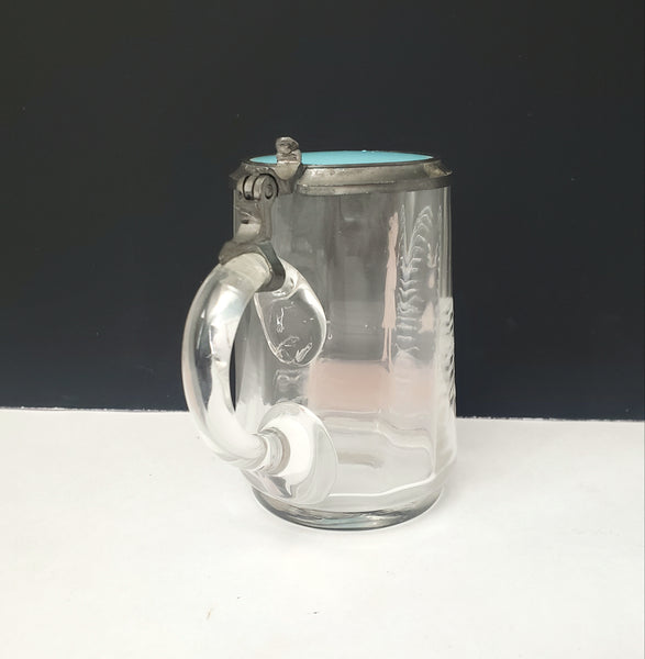 Vintage Mary Gregory Style Mini 3 1/2" Clear Glass & Pewter Stein White & Pink