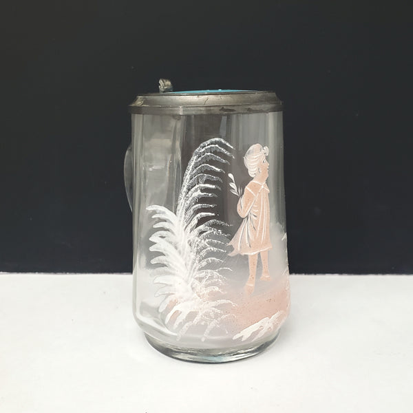 Vintage Mary Gregory Style Mini 3 1/2" Clear Glass & Pewter Stein White & Pink