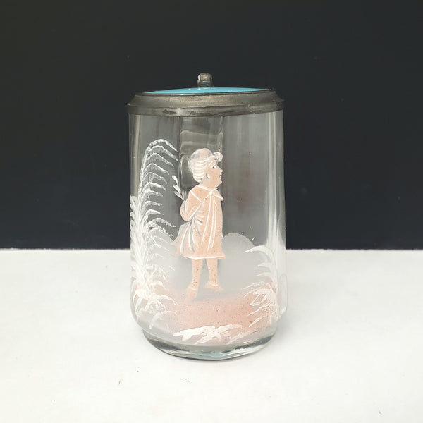 Vintage Mary Gregory Style Mini 3 1/2" Clear Glass & Pewter Stein White & Pink