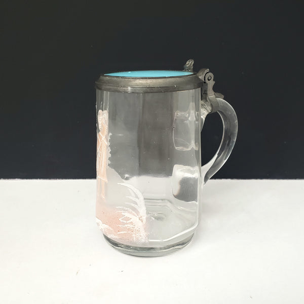 Vintage Mary Gregory Style Mini 3 1/2" Clear Glass & Pewter Stein White & Pink