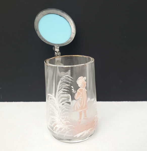 Vintage Mary Gregory Style Mini 3 1/2" Clear Glass & Pewter Stein White & Pink