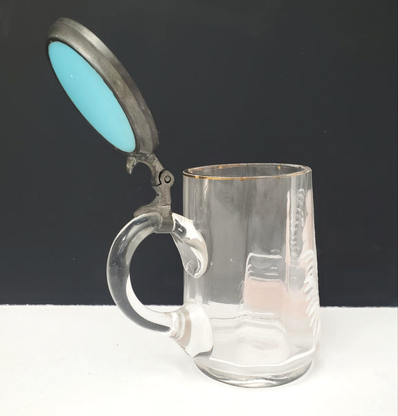 Vintage Mary Gregory Style Mini 3 1/2" Clear Glass & Pewter Stein White & Pink