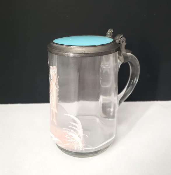 Vintage Mary Gregory Style Mini 3 1/2" Clear Glass & Pewter Stein White & Pink