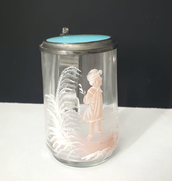 Vintage Mary Gregory Style Mini 3 1/2" Clear Glass & Pewter Stein White & Pink