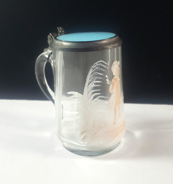 Vintage Mary Gregory Style Mini 3 1/2" Clear Glass & Pewter Stein White & Pink