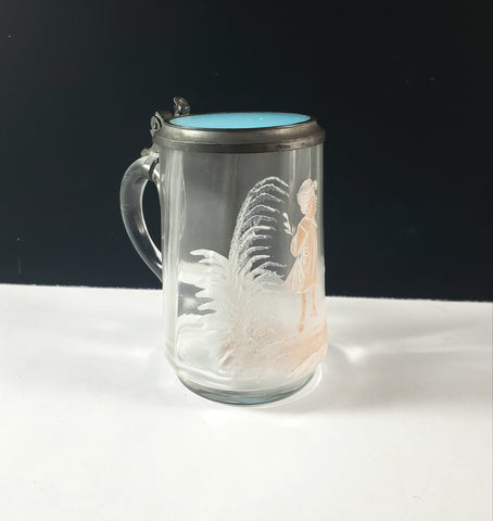 Vintage Mary Gregory Style Mini 3 1/2" Clear Glass & Pewter Stein White & Pink