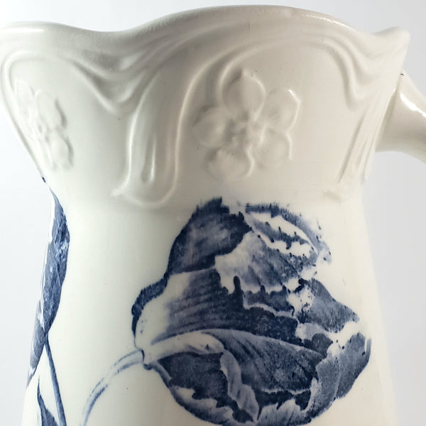 Vintage Blue & White Ceramic Pitcher Botanical Tulips