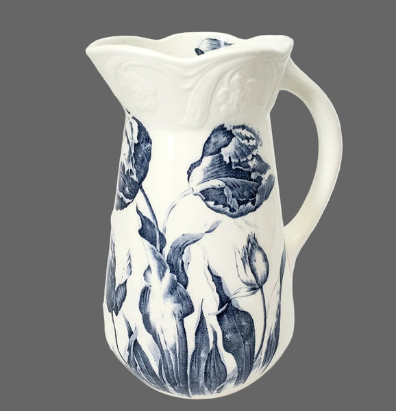 Vintage Blue & White Ceramic Pitcher Botanical Tulips