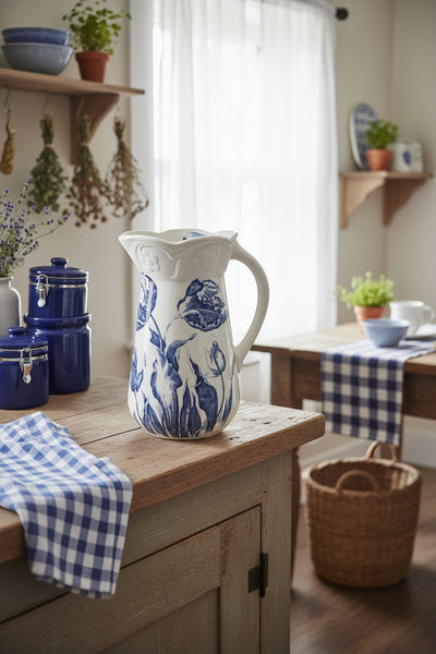 Vintage Blue & White Ceramic Pitcher Botanical Tulips