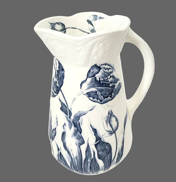 Vintage Blue & White Ceramic Pitcher Botanical Tulips