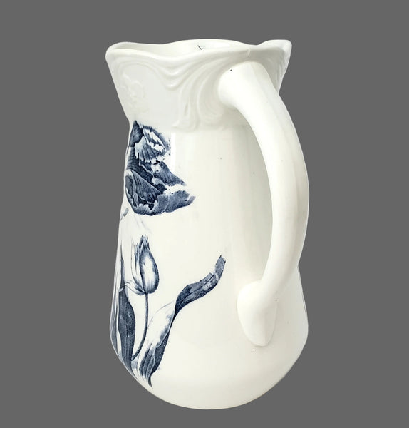 Vintage Blue & White Ceramic Pitcher Botanical Tulips