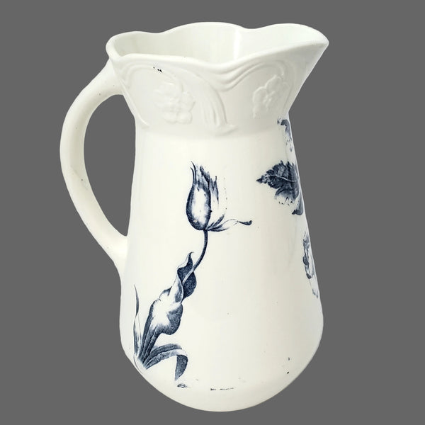 Vintage Blue & White Ceramic Pitcher Botanical Tulips