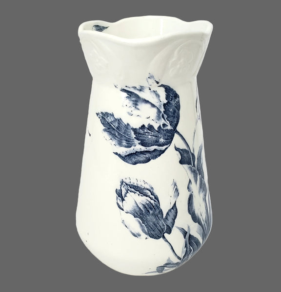 Vintage Blue & White Ceramic Pitcher Botanical Tulips