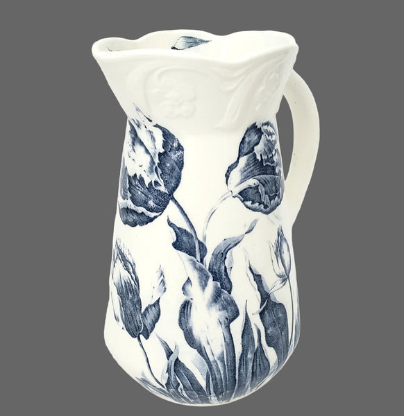 Vintage Blue & White Ceramic Pitcher Botanical Tulips