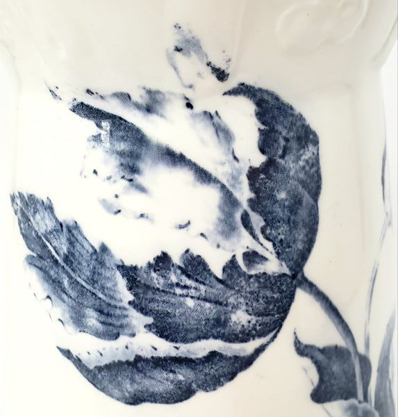 Vintage Blue & White Ceramic Pitcher Botanical Tulips