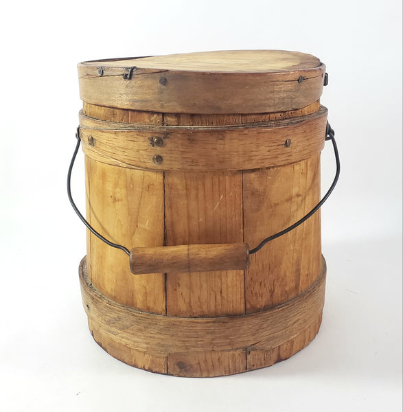 Antique Wooden Firkin Bucket Small 7” Sugar Bucket Lid Bail Handle and Grip