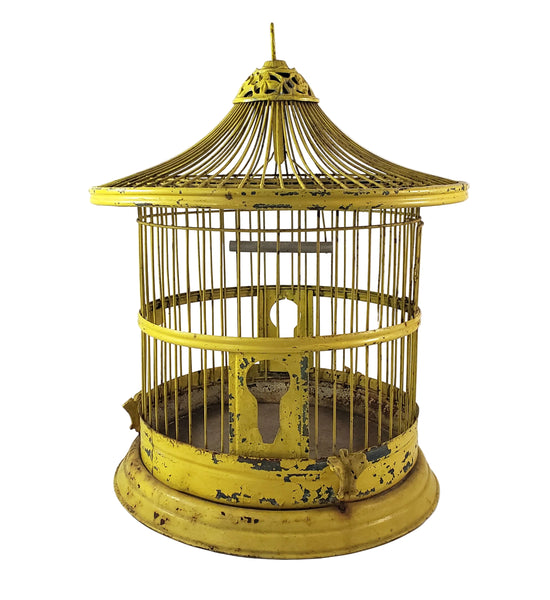 Antique Victorian Metal Wire Bird Cage Old Yellow Paint 17" Home Décor