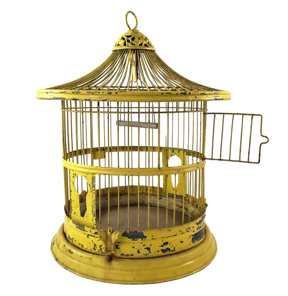 Antique Victorian Metal Wire Bird Cage Old Yellow Paint 17" Home Décor