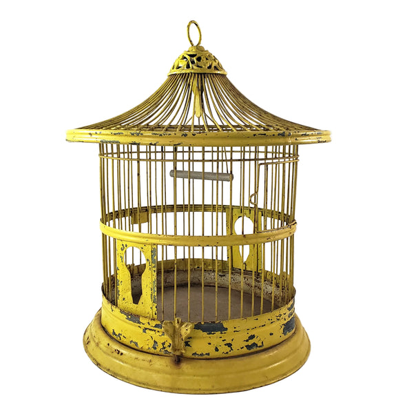Antique Victorian Metal Wire Bird Cage Old Yellow Paint 17" Home Décor