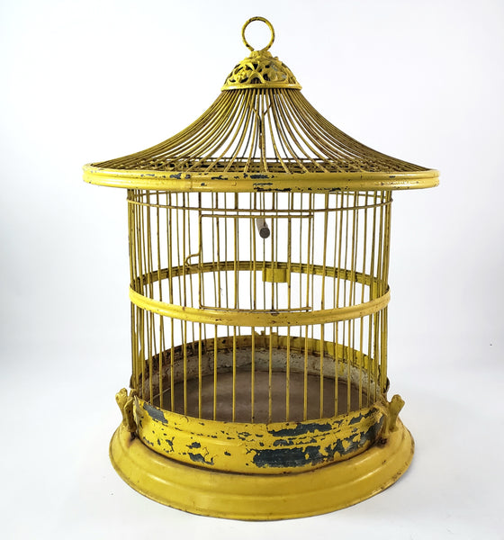 Antique Victorian Metal Wire Bird Cage Old Yellow Paint 17" Home Décor