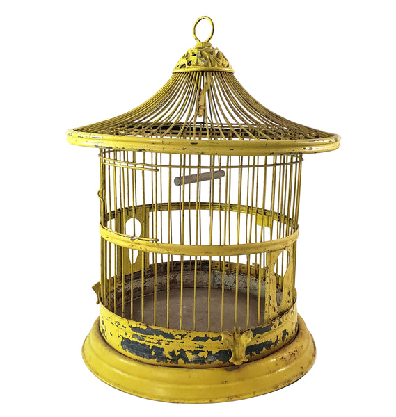 Antique Victorian Metal Wire Bird Cage Old Yellow Paint 17" Home Décor