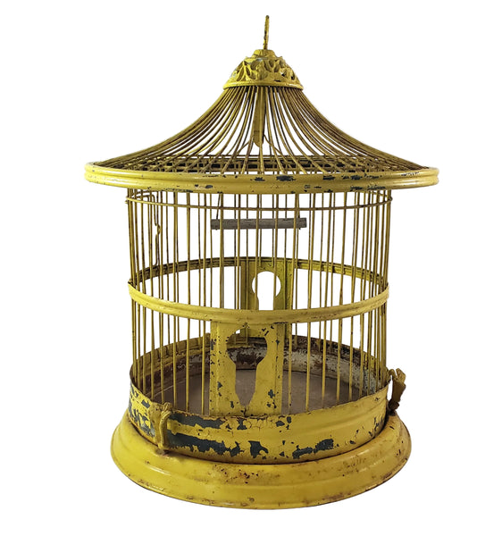 Antique Victorian Metal Wire Bird Cage Old Yellow Paint 17" Home Décor