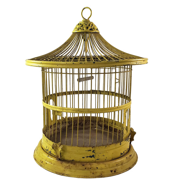 Antique Victorian Metal Wire Bird Cage Old Yellow Paint 17" Home Décor