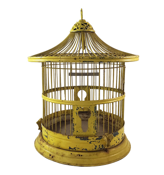 Antique Victorian Metal Wire Bird Cage Old Yellow Paint 17" Home Décor