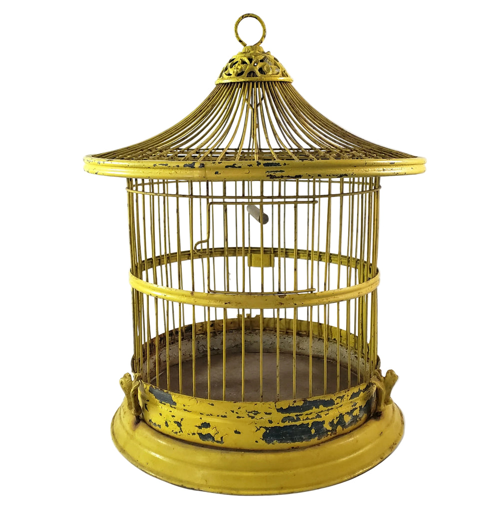 Antique Victorian Metal Wire Bird Cage Old Yellow Paint