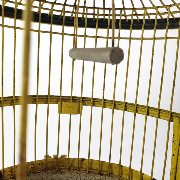 Antique Victorian Metal Wire Bird Cage Old Yellow Paint 17" Home Décor